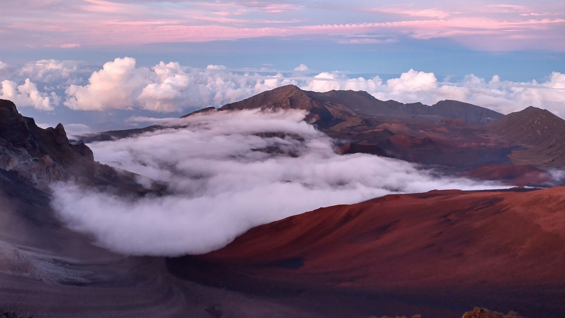 Pink dusk light over the crater